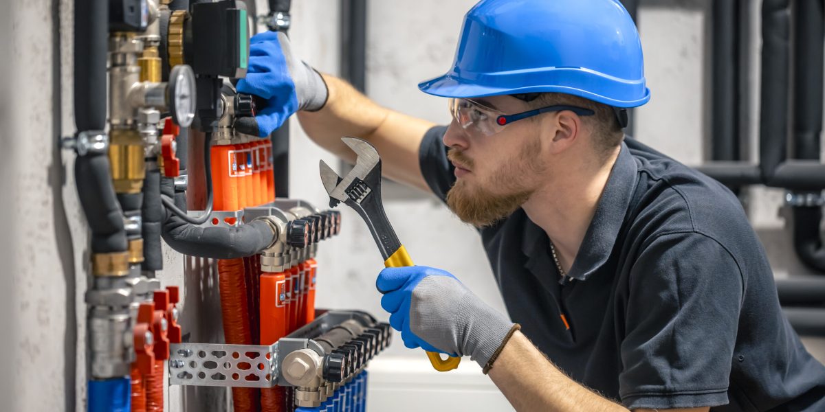 The technician checking the heating system in the boiler room. Adjusting heating valves in a residential building. A plumbing and heating technician works.